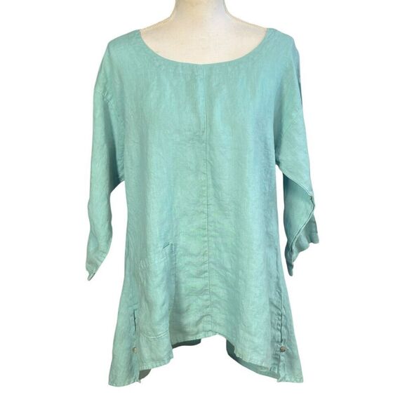 Click Color Me Cotton Tunic Top Size Medium 100% Linen Aqua Flowy Coastal Beachy - Picture 7 of 7